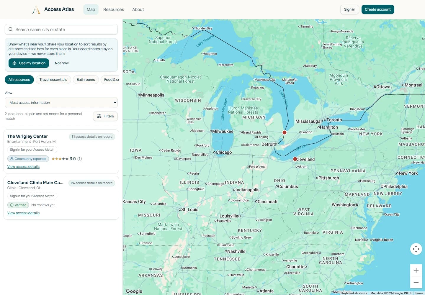 Access Atlas public map with location cards and access filters