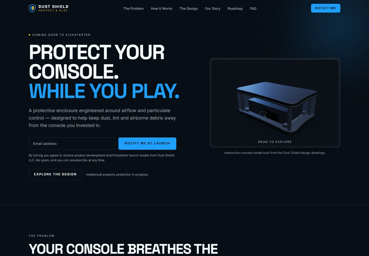 Dust Shield and Console Cloak pre-launch product website