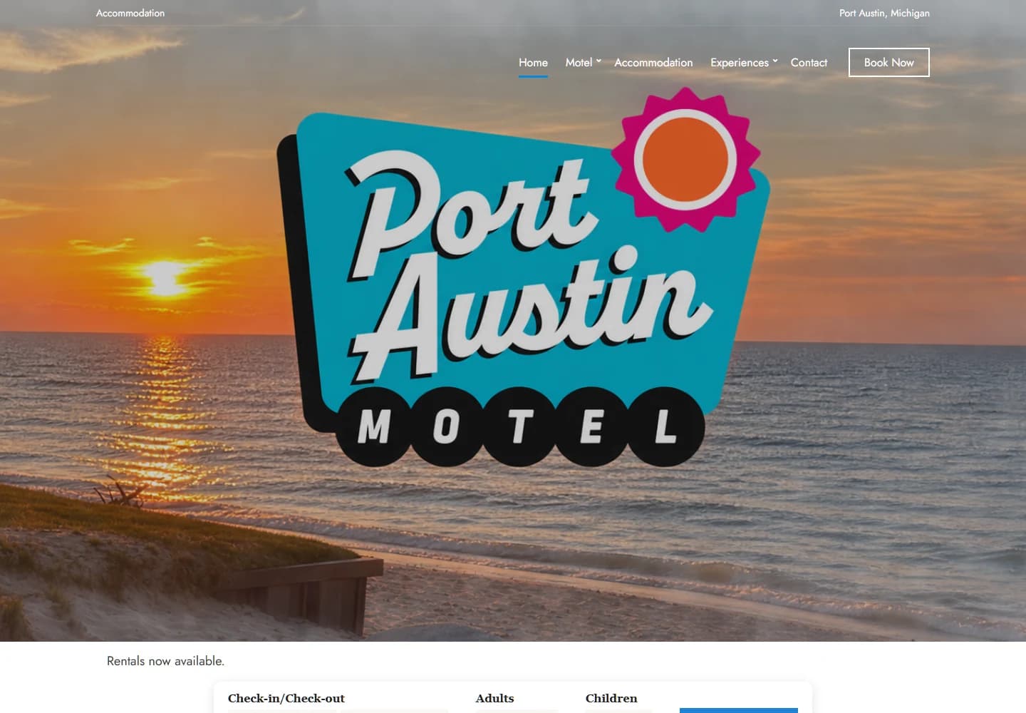 Port Austin Motel website with its logo and availability search
